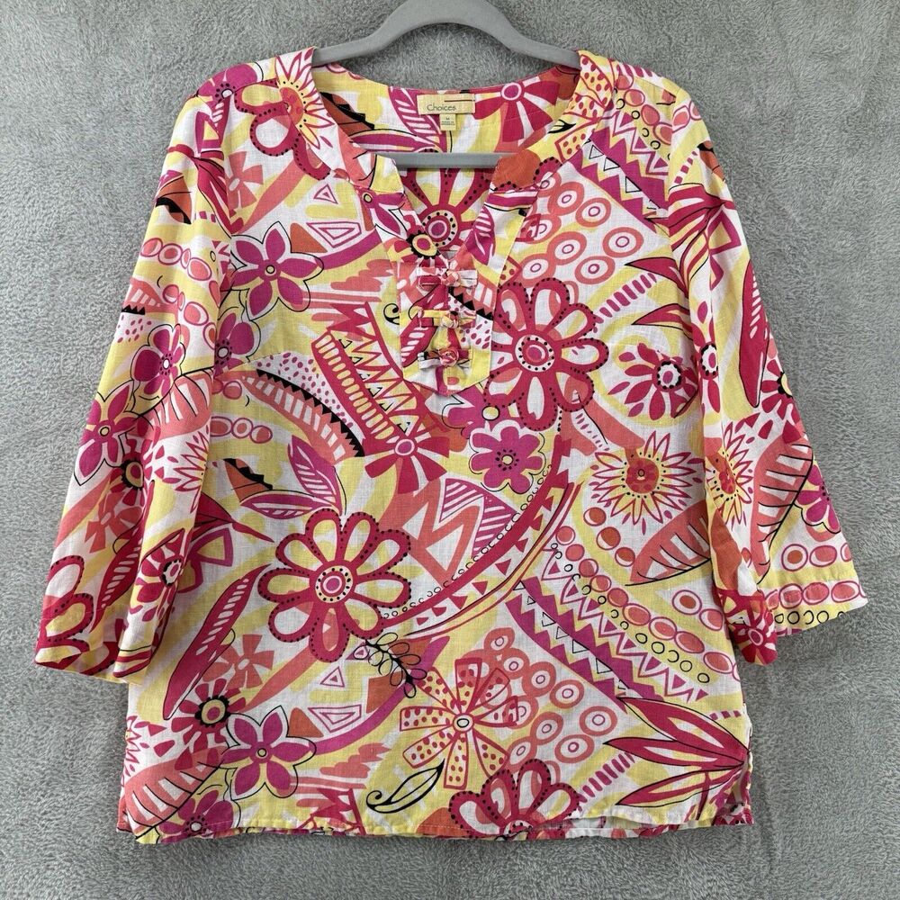 Choices Top Women M Floral Orange Yellow Linen Pullover 3/4 Sleeves Notch Neck